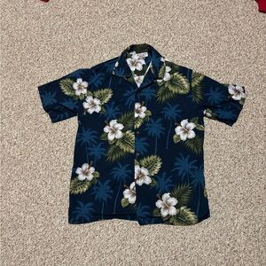Navy Vintage Pacific Legend Hibiscus and Palm Hawaiian Button Down Shirt